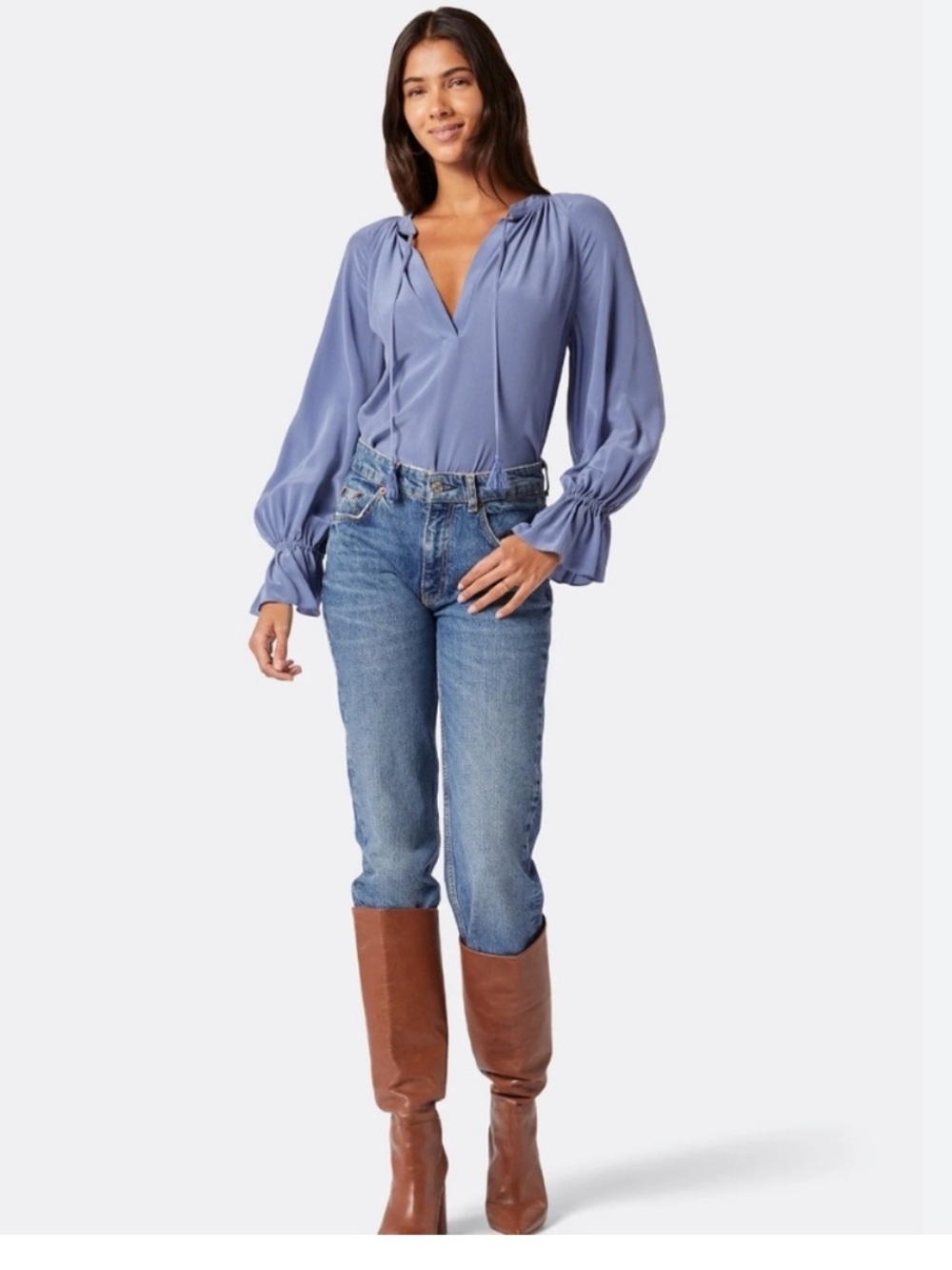 Joie Lavender Blue Tie-Neck Bishop Sleeve Blouse 100%silk l5